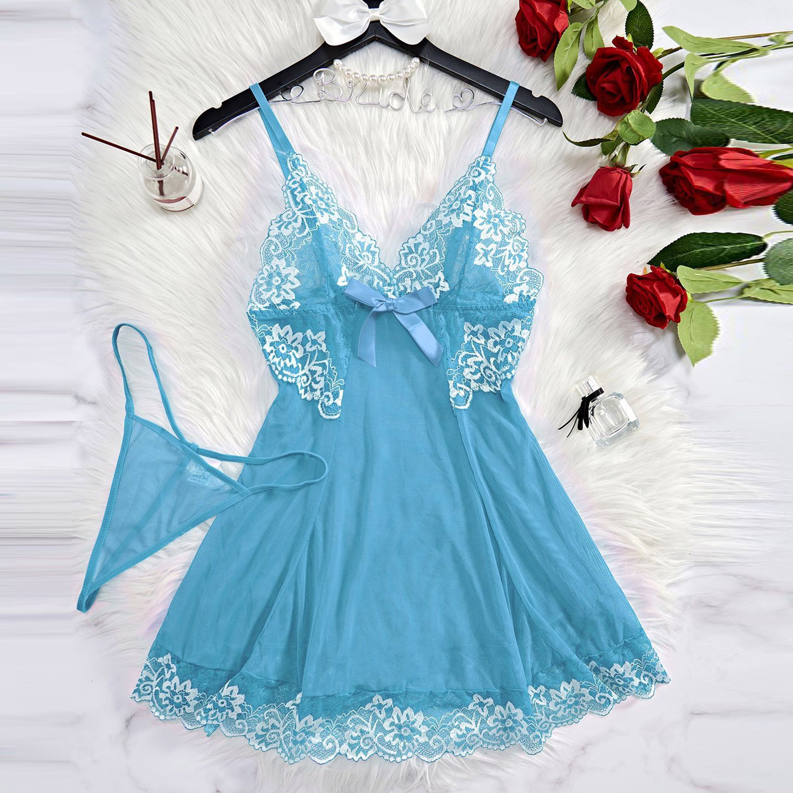 thumbnail image 3 of Body sexy de encaje para mujer con liguero - Conjunto de camisón de malla transparente, lencería de poliéster y spandex para ocasiones especiales, 3 of 5